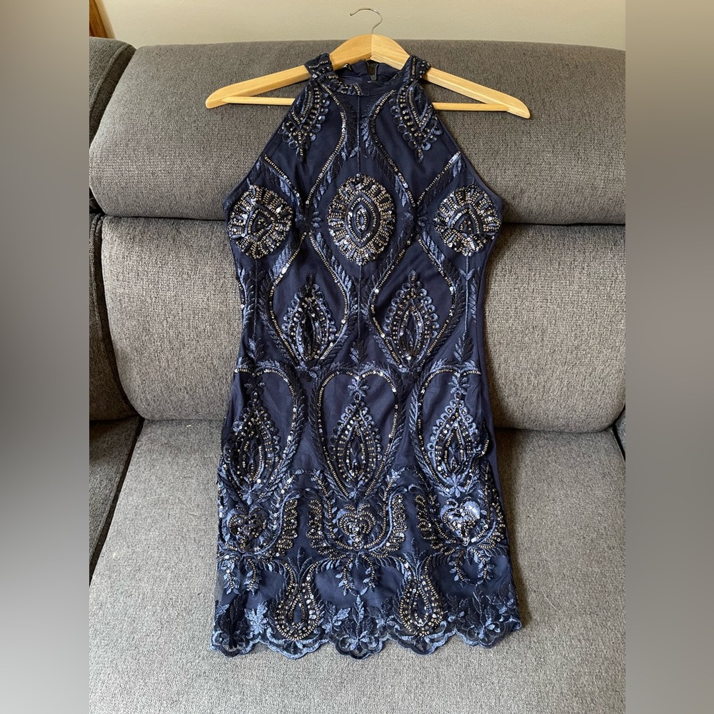 Navy beaded halter top mini dress